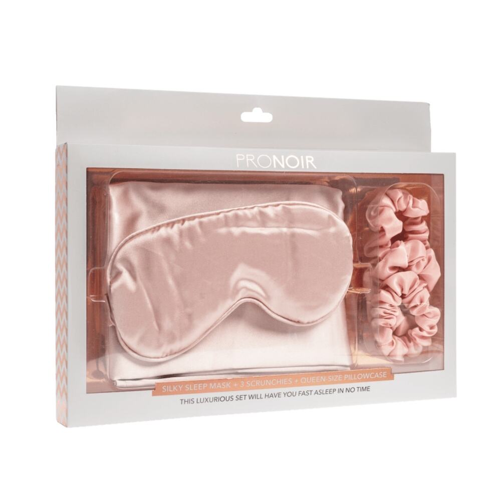 PRONOIR BEAUTY SILKY SLEEP SET IN PINK: PILLOWCASE, SLEEP MASK, 3 SCRUNCHIES